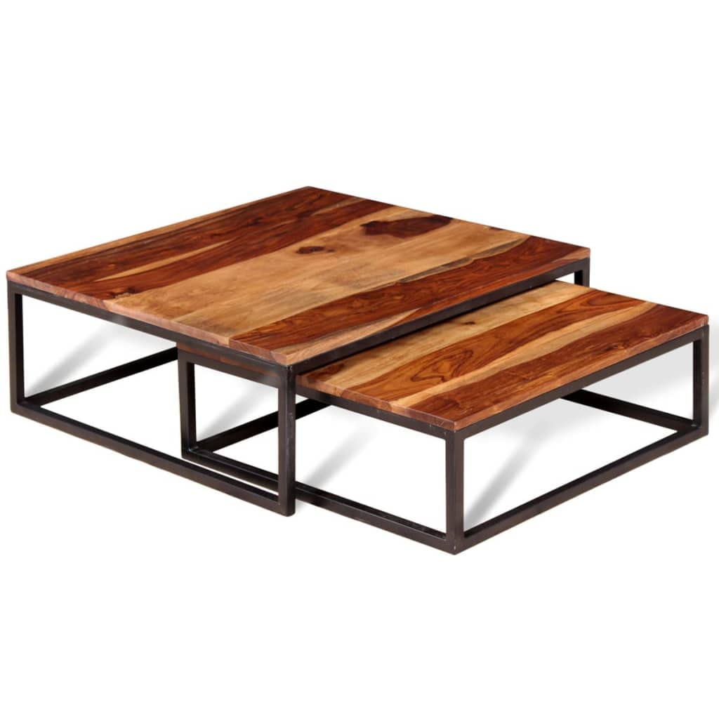 Solid Sheesham Wood Nesting Coffee Tables Set of 2 Metal Frame R400
