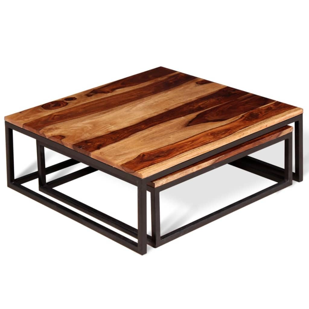 Solid Sheesham Wood Nesting Coffee Tables Set of 2 Metal Frame R400