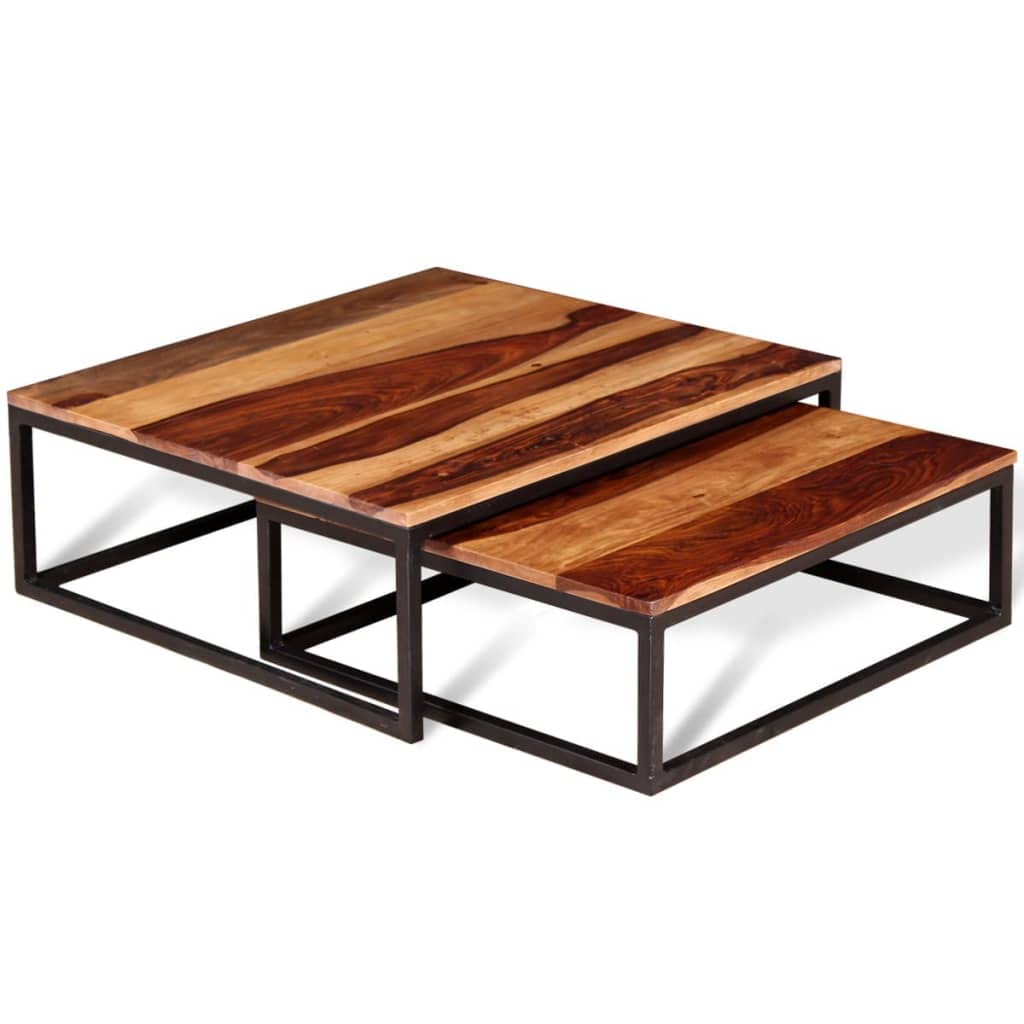 Solid Sheesham Wood Nesting Coffee Tables Set of 2 Metal Frame R400