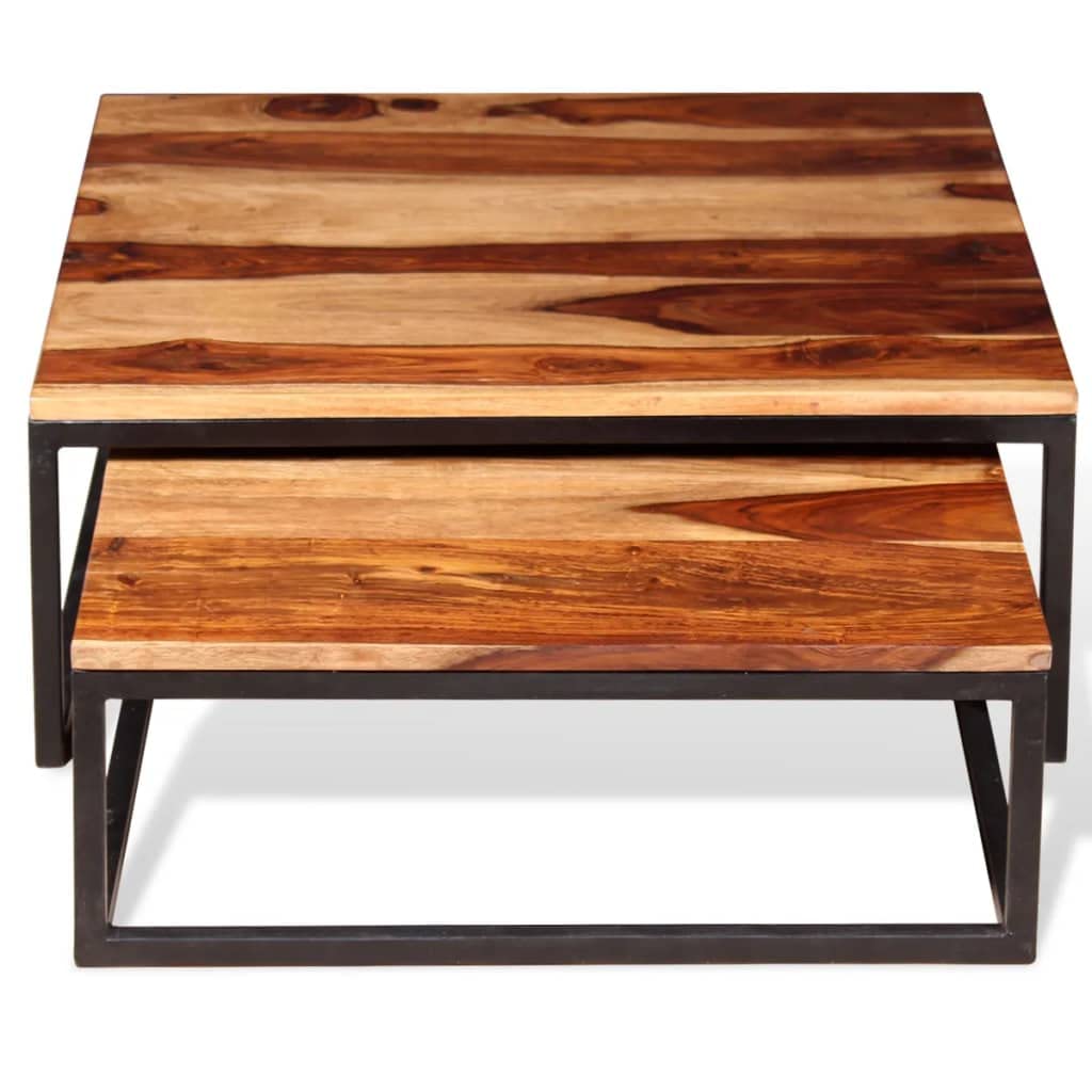 Solid Sheesham Wood Nesting Coffee Tables Set of 2 Metal Frame R400