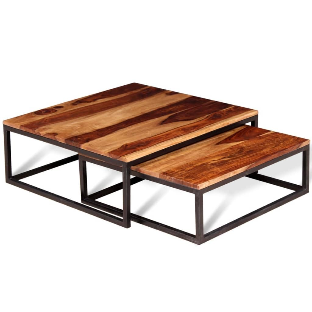 Solid Sheesham Wood Nesting Coffee Tables Set of 2 Metal Frame R400