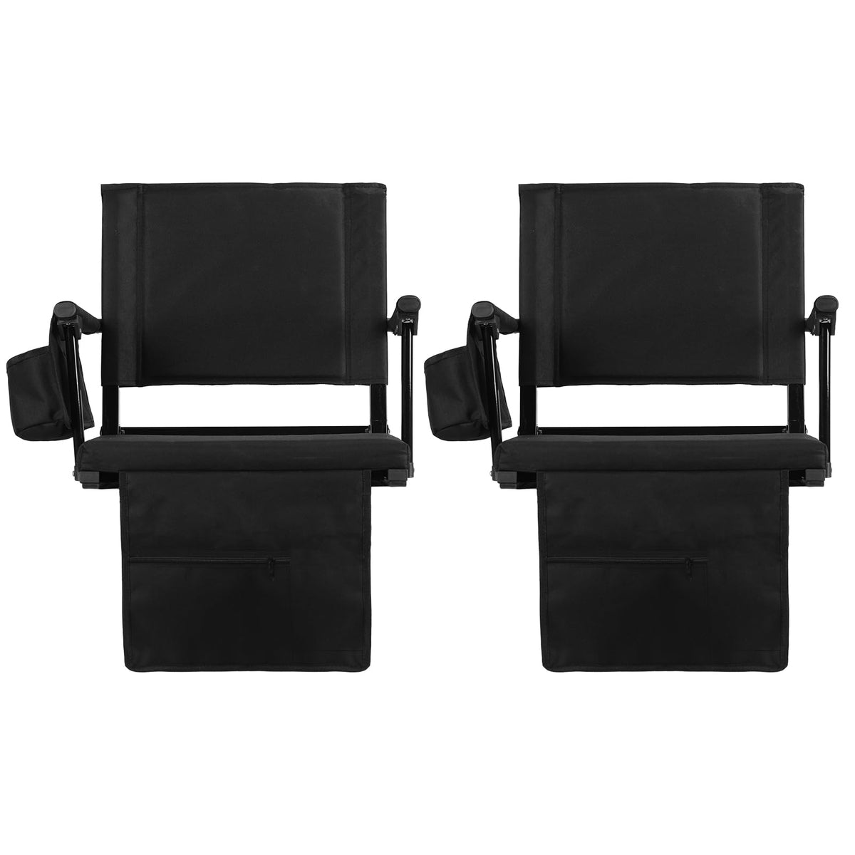 2 Pcs Folding Stadium Seat with Back Support and Cup Holder Black K6719