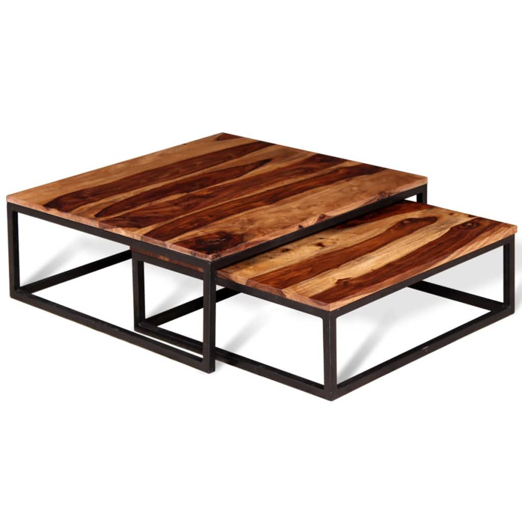 Solid Sheesham Wood Nesting Coffee Tables Set of 2 Metal Frame R400