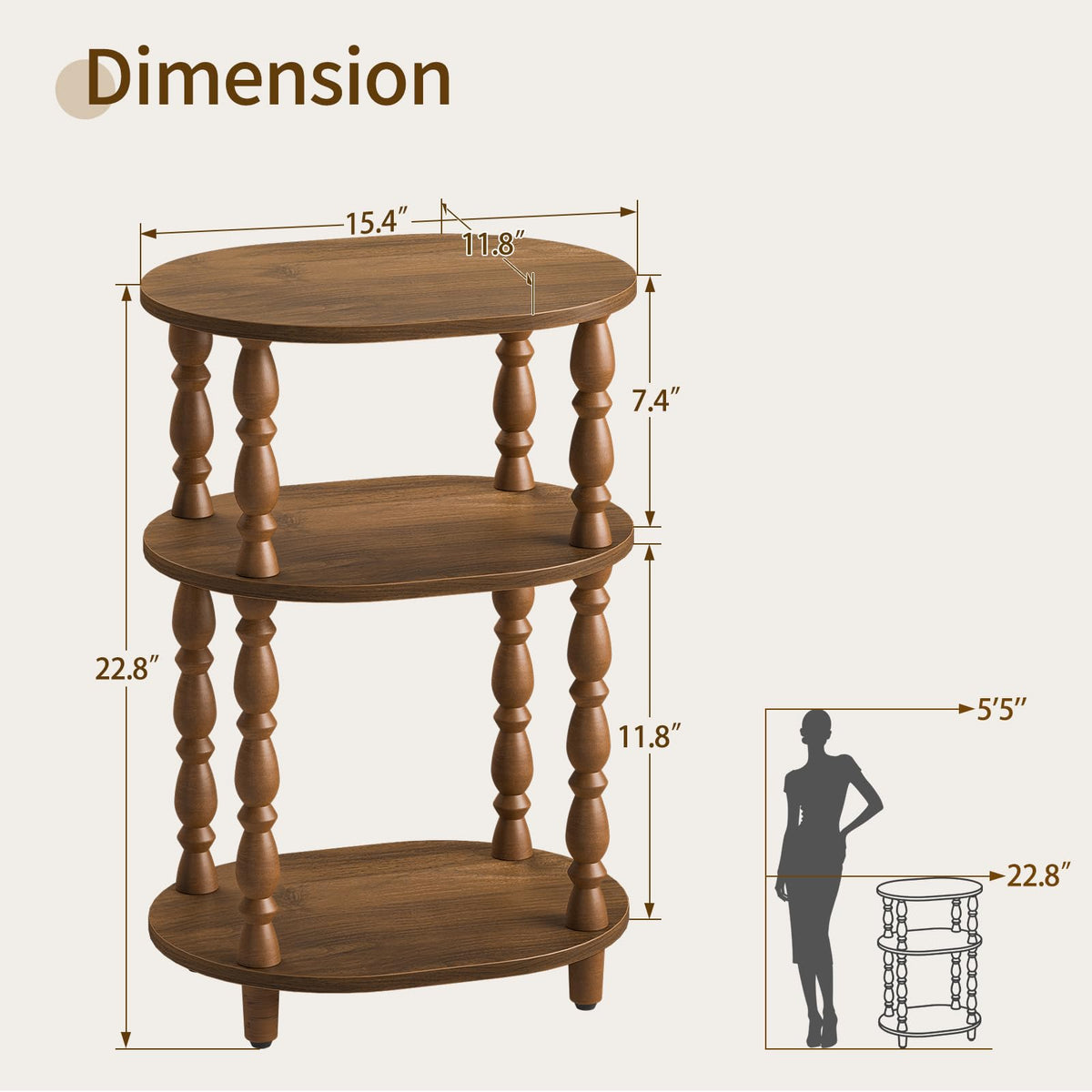 3-Tier Oval Wood Side Table with Storage Shelf E819178