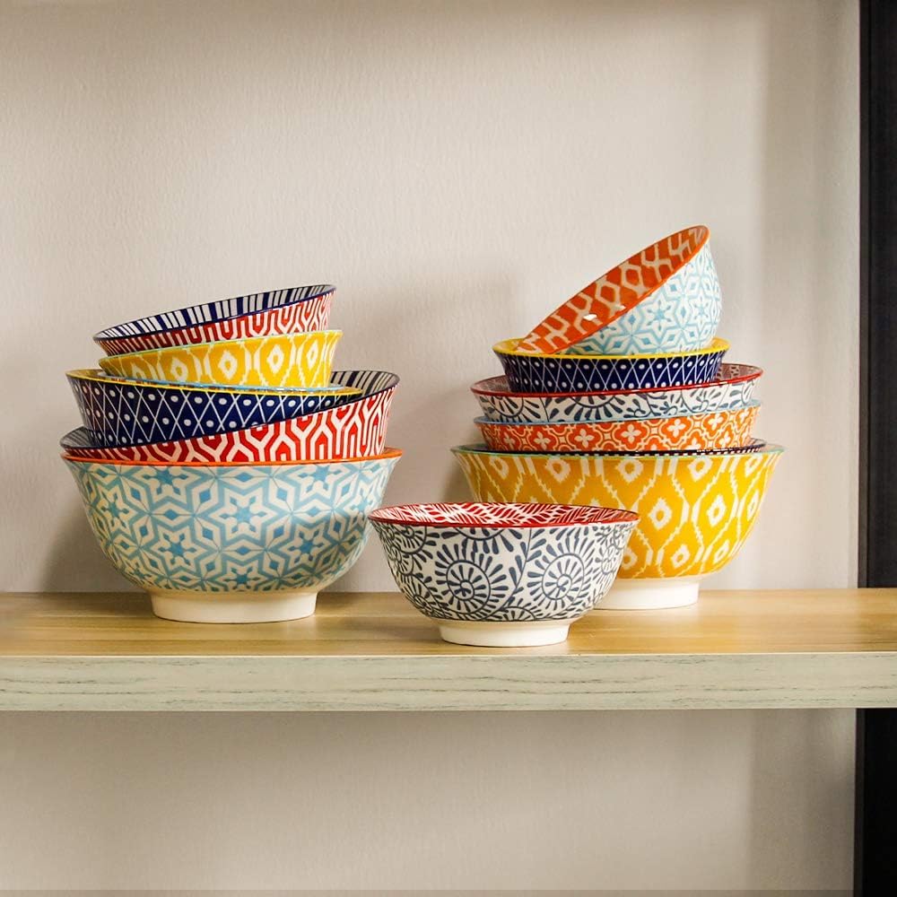 Ceramic Bowls Set 30 oz Assorted Colorful Set of 6 Microwave Dishwasher Safe A680