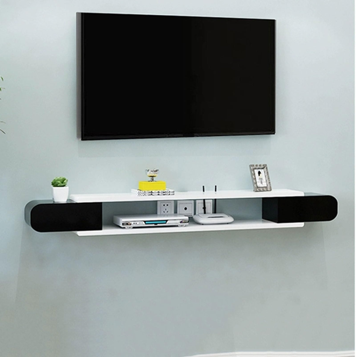 White Black Wall Mounted TV Stand with Storage Shelf T597835