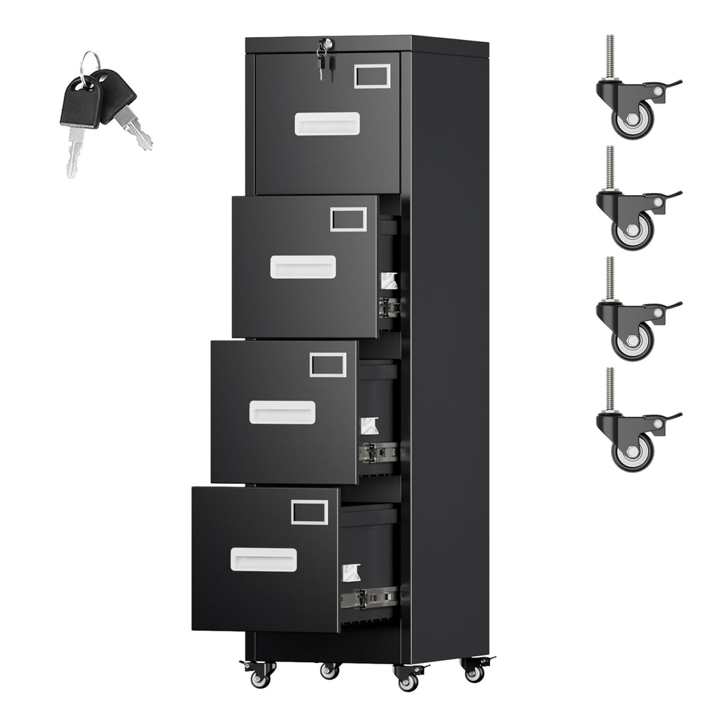 Metal 4 Drawer File Cabinet with Lock and Wheels, Black V965