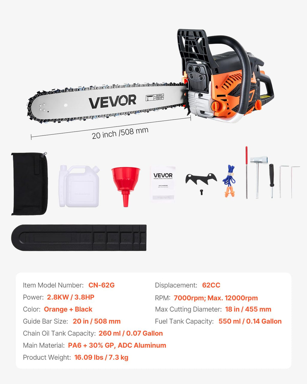 20 Inch 62CC Gas Powered Chainsaw K933404