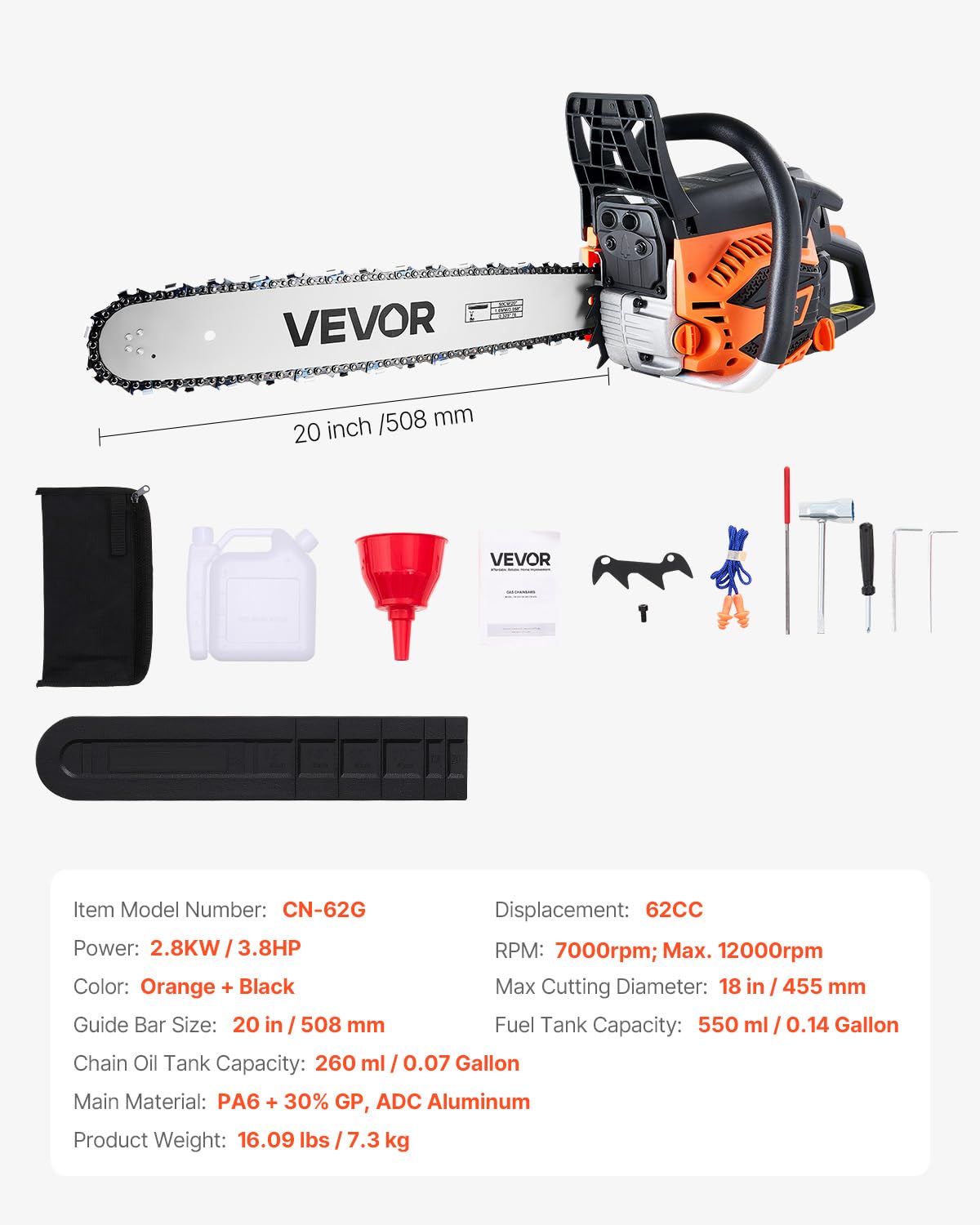 20 Inch 62CC Gas Powered Chainsaw K933404