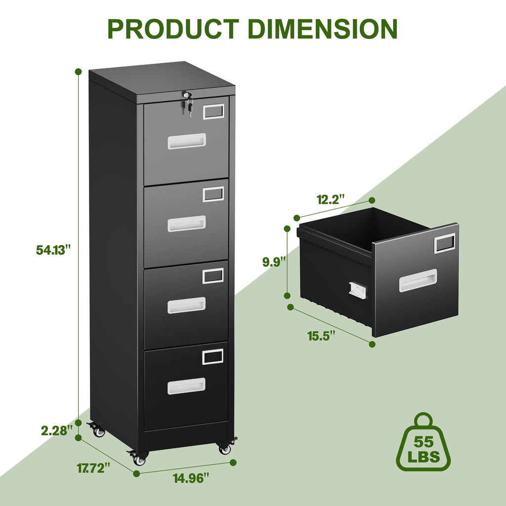 Metal 4 Drawer File Cabinet with Lock and Wheels, Black V965
