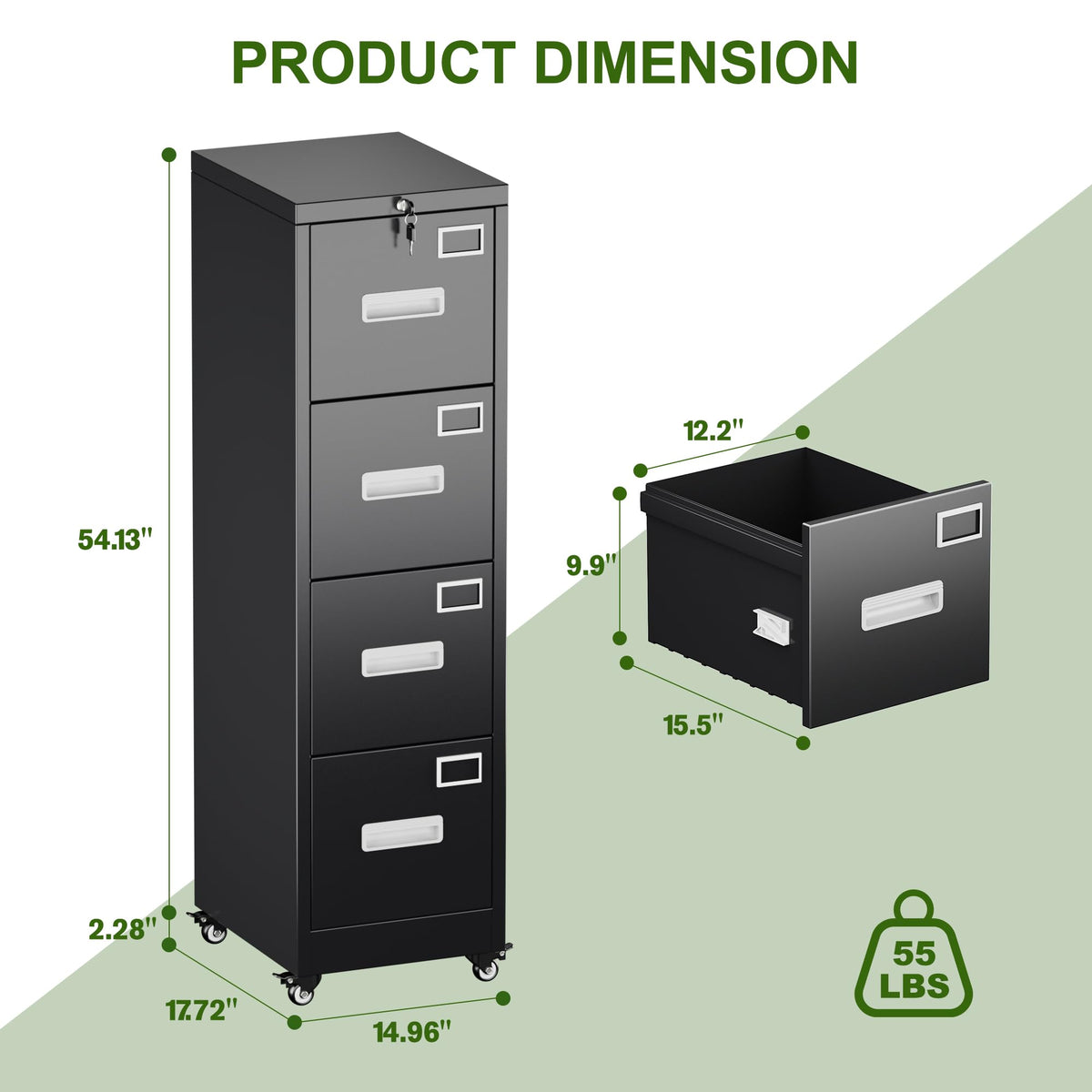 Metal 4 Drawer File Cabinet with Lock and Wheels, Black V965
