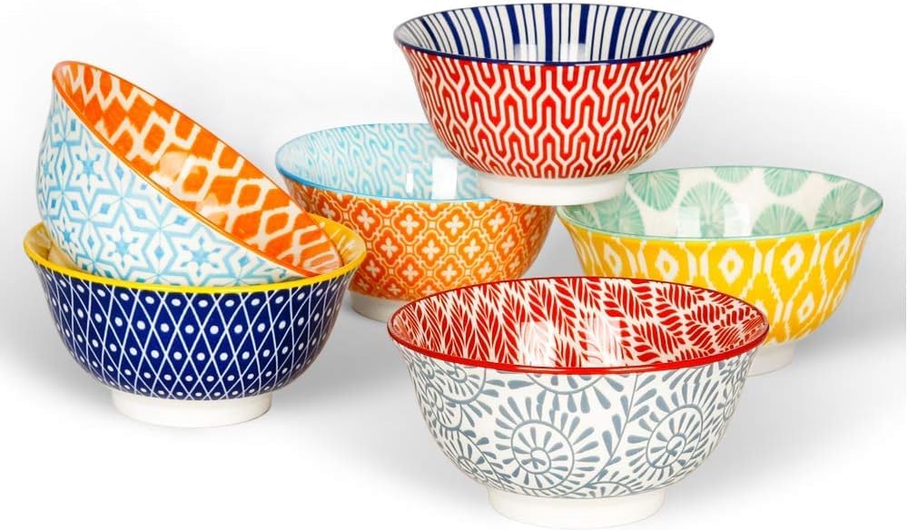 Ceramic Bowls Set 30 oz Assorted Colorful Set of 6 Microwave Dishwasher Safe A680