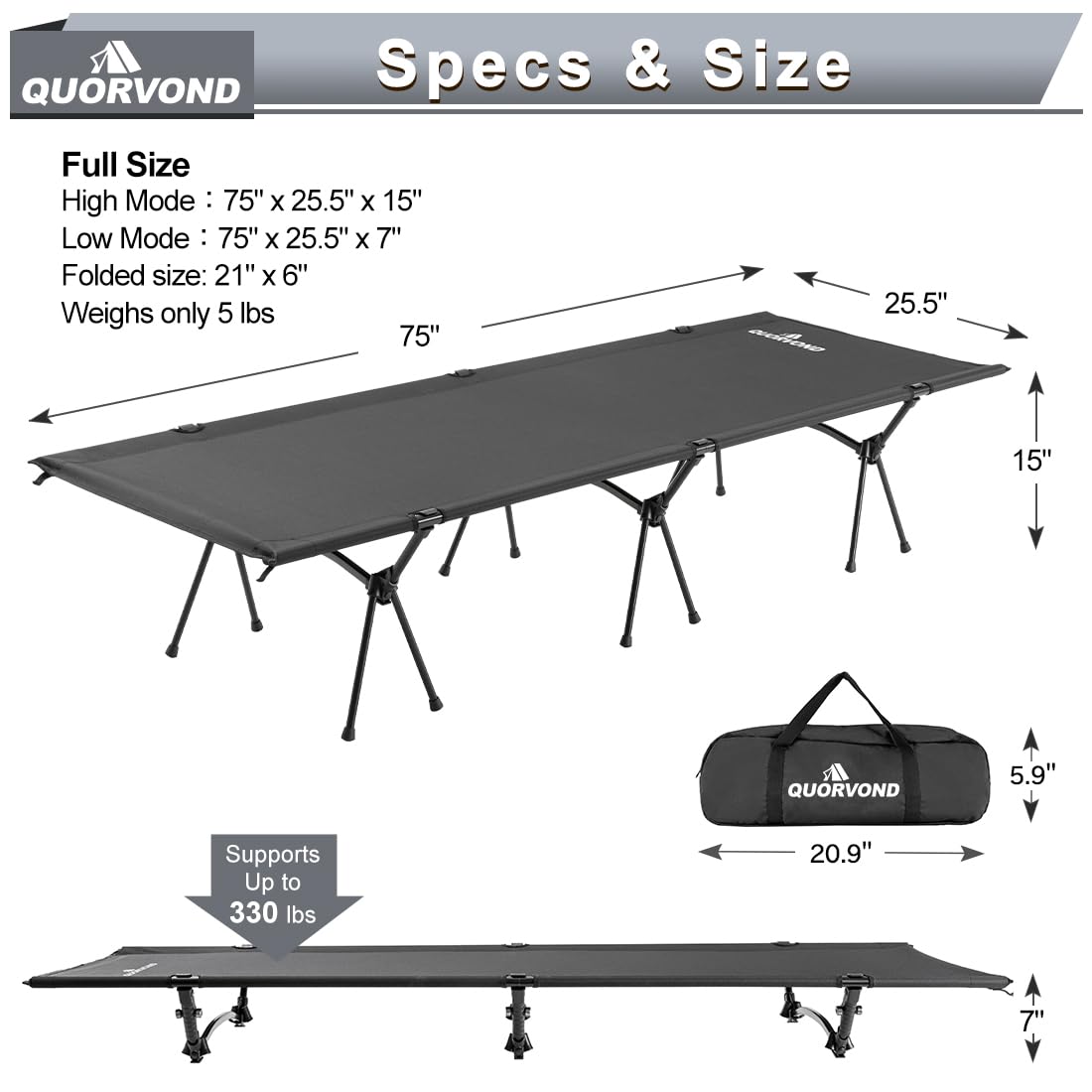Adjustable Ultralight Folding Camping Cot 330lbs Black Z70002