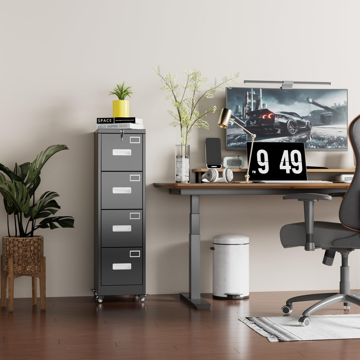 Metal 4 Drawer File Cabinet with Lock and Wheels, Black V965