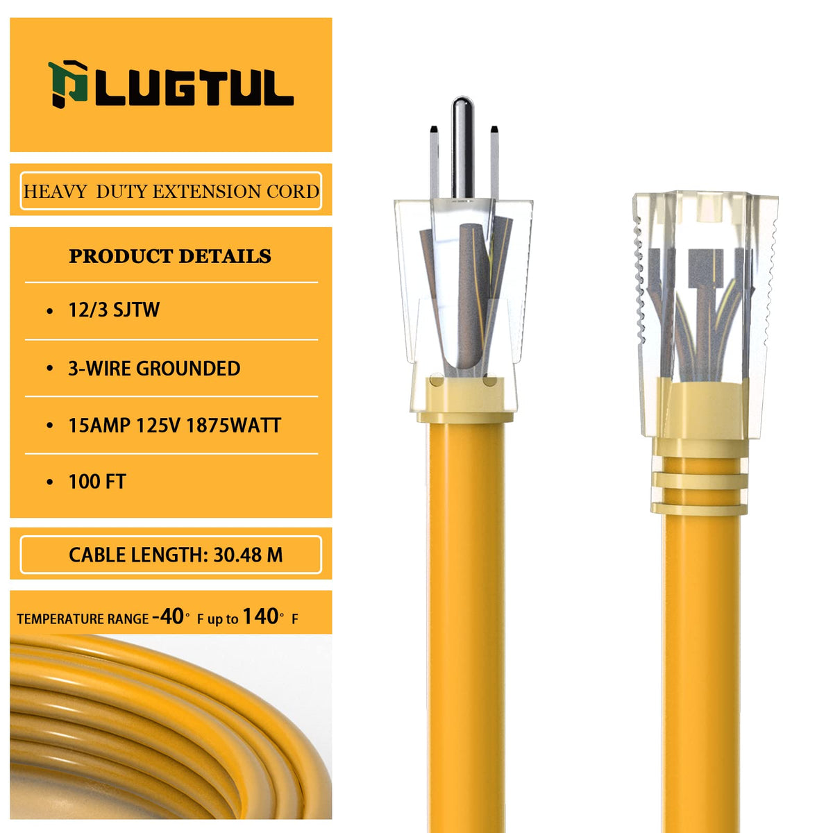 12 Gauge 100 Ft Heavy Duty Outdoor Extension Cord Waterproof Lighted End SJTW 3 Prong Grounded Plug 15A 1875W Yellow V925597