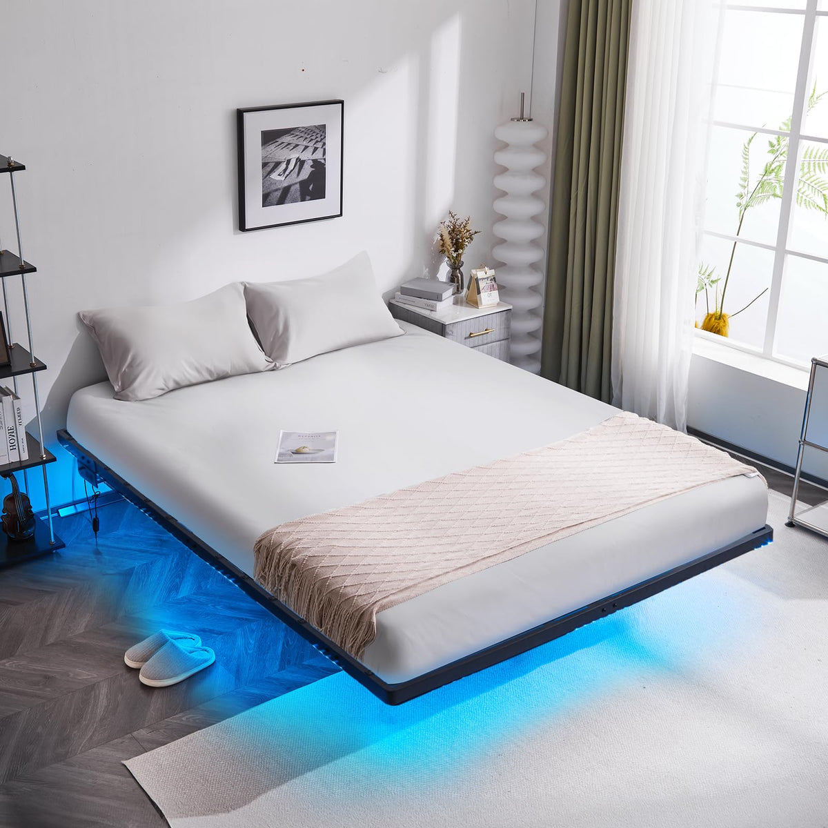 14 Inch Full Floating Bed Frame with USB Charging Station and LED Lights D234