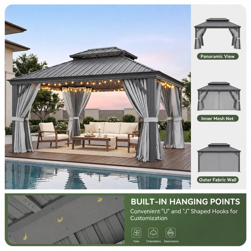 10x14 FT Hardtop Gazebo with Galvanized Steel Double Roof and Aluminum Frame B879