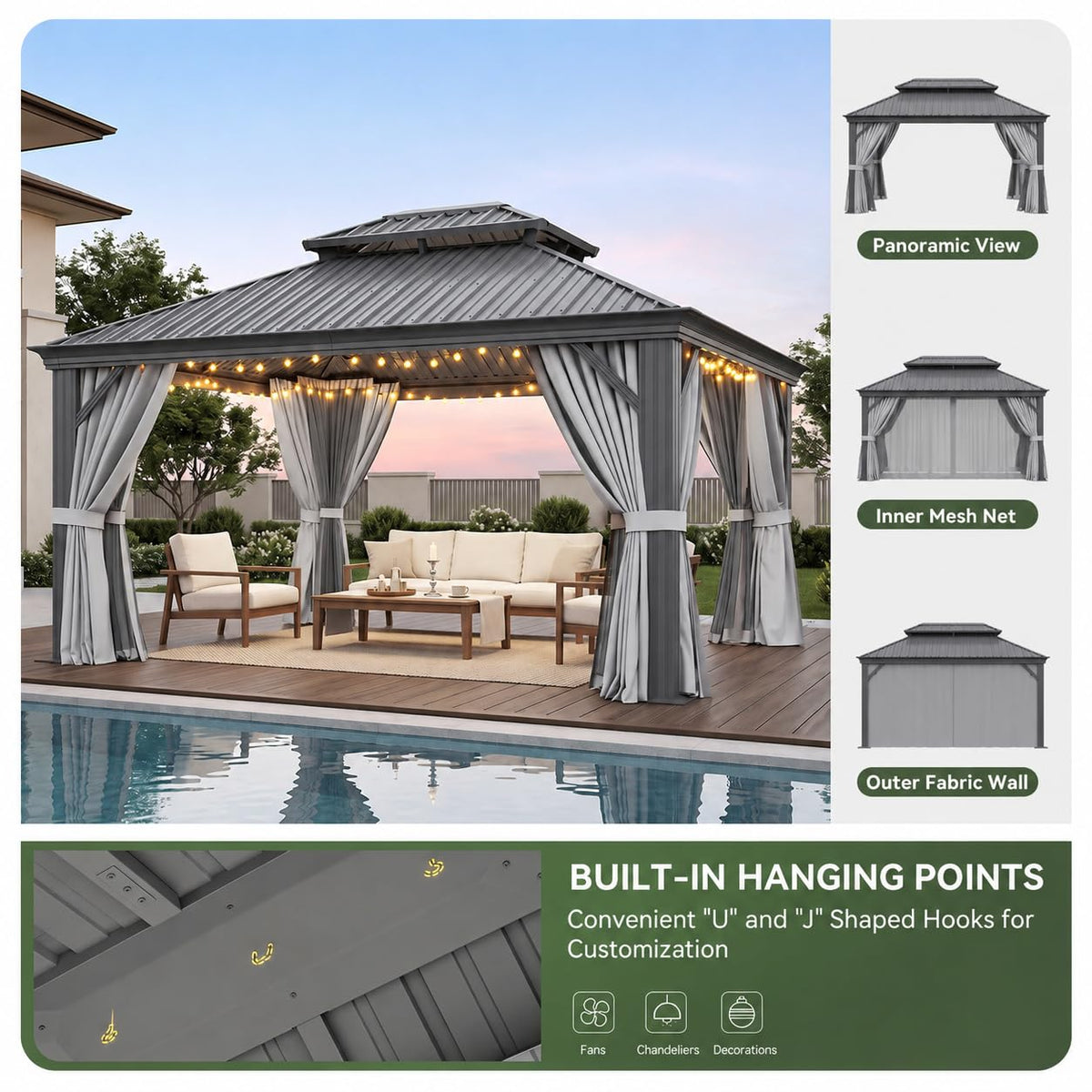 10x14 FT Hardtop Gazebo with Galvanized Steel Double Roof and Aluminum Frame B879