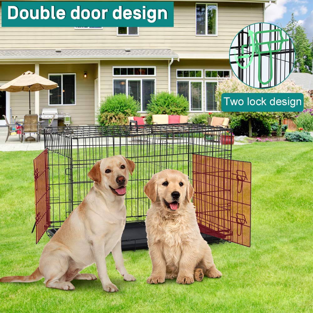 42 Inch Metal Wire Double-Door Folding Dog Crate with Tray J5250