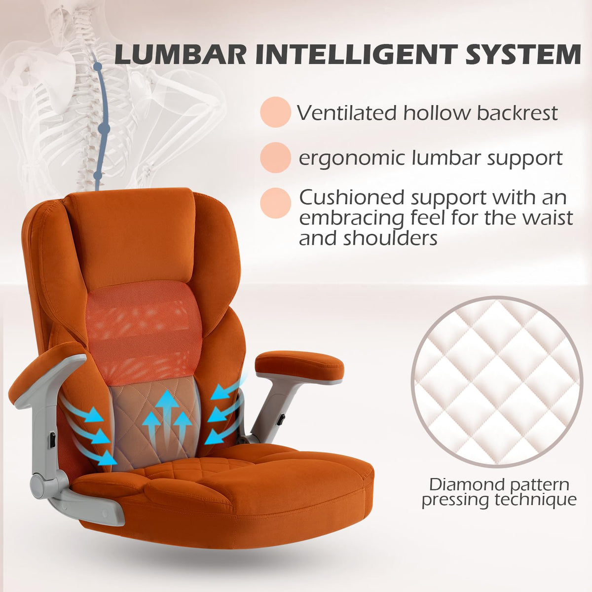 Orange Mesh and Velvet Office Chair with Arms and Wheels U938