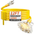 12 FT 12 Gauge Yellow Heavy Duty Outdoor Extension Cord Waterproof I93990