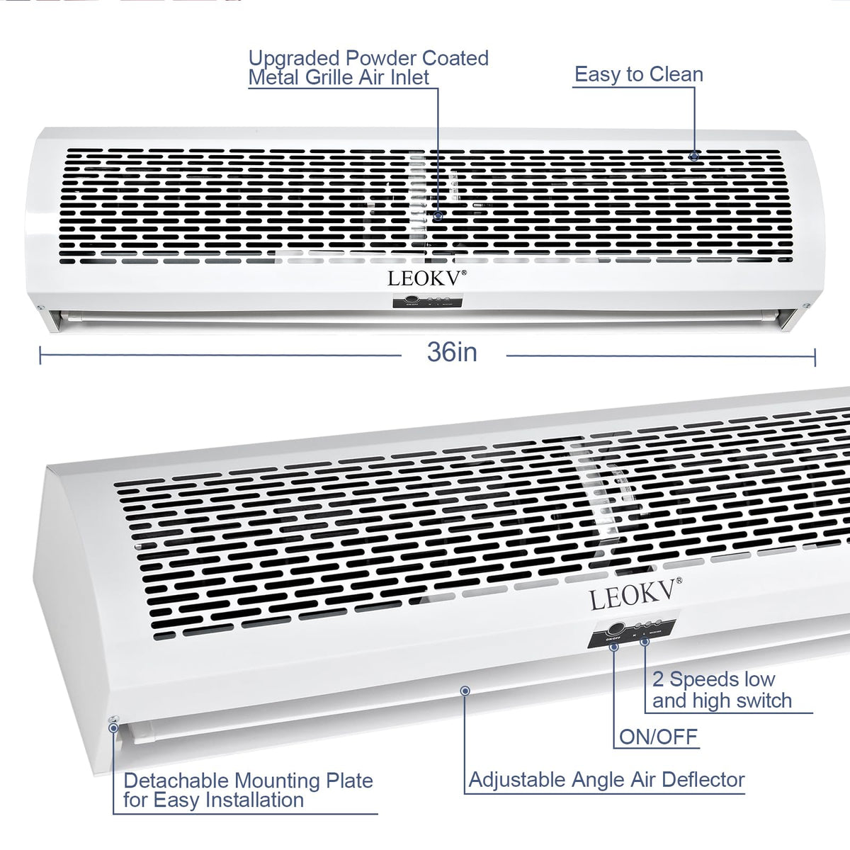 White 36 Inch 2 Speeds Remote Control Air Curtain D7649