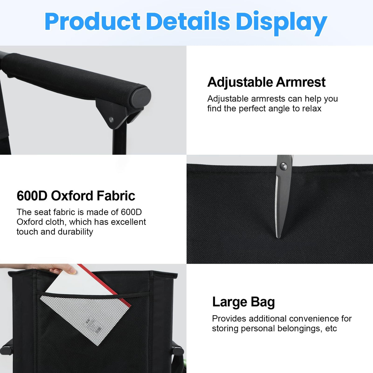 2 Pcs Folding Stadium Seat with Back Support and Cup Holder Black K6719