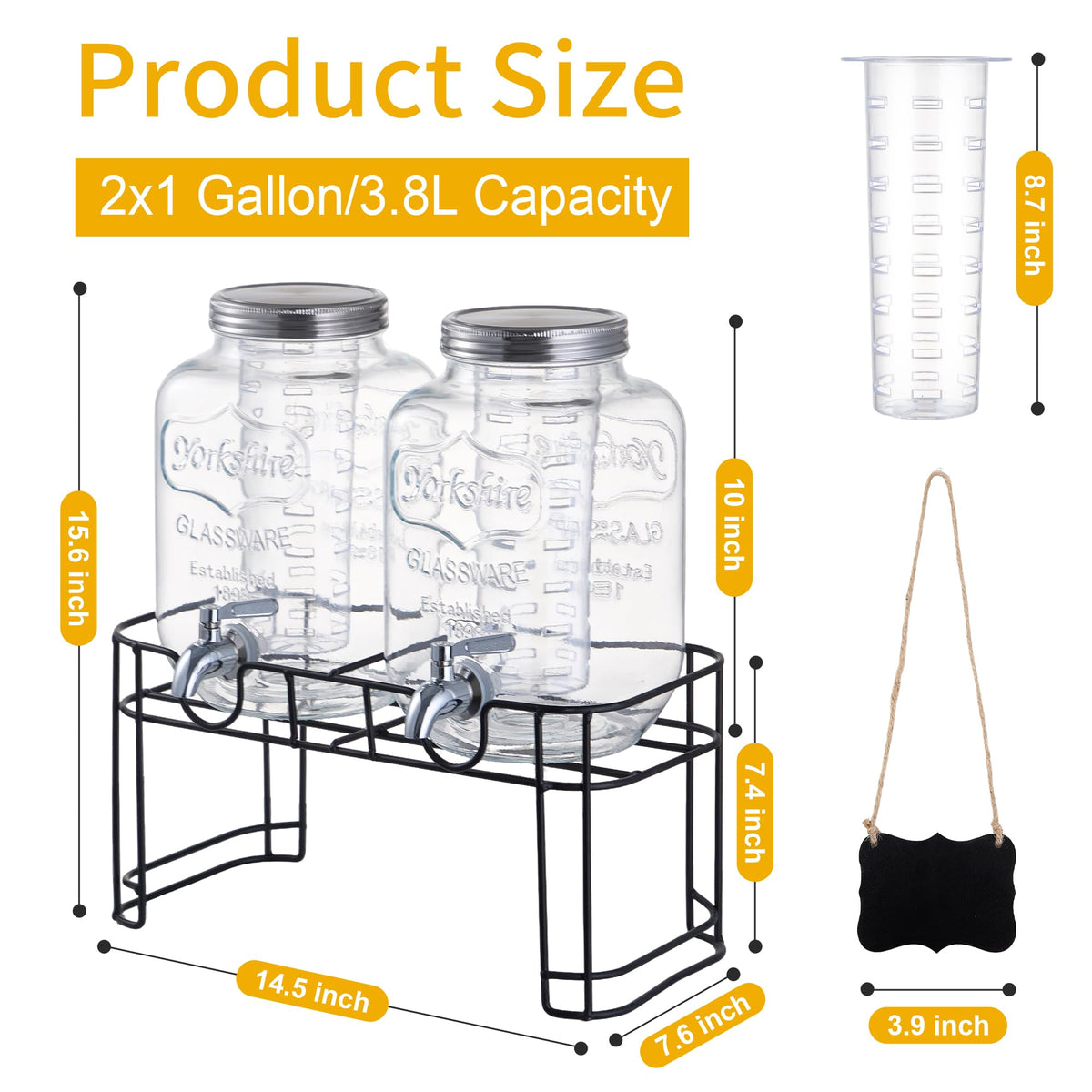 1 Gallon Glass Beverage Dispenser Set of 2 with Stand & Fruit Infuser R391