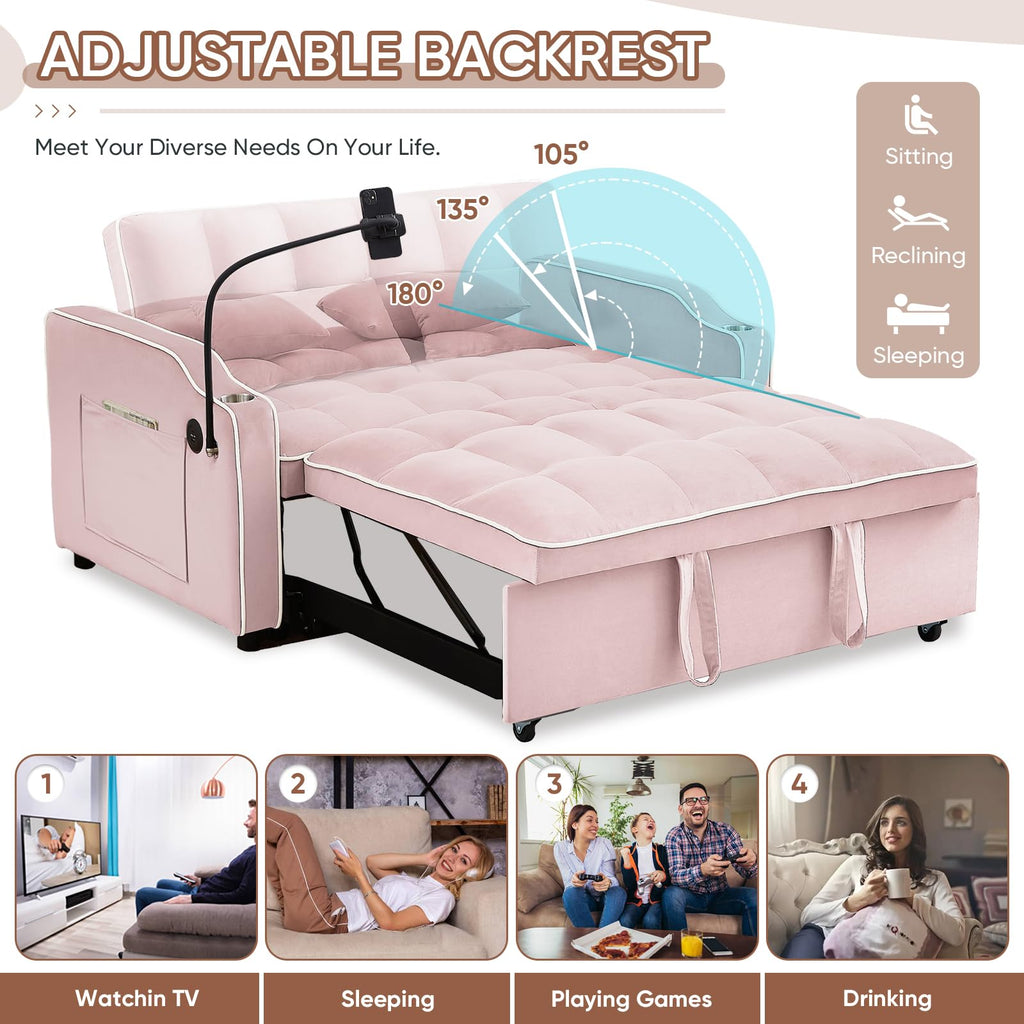 Pink Velvet Convertible Sleeper Sofa Bed X2817