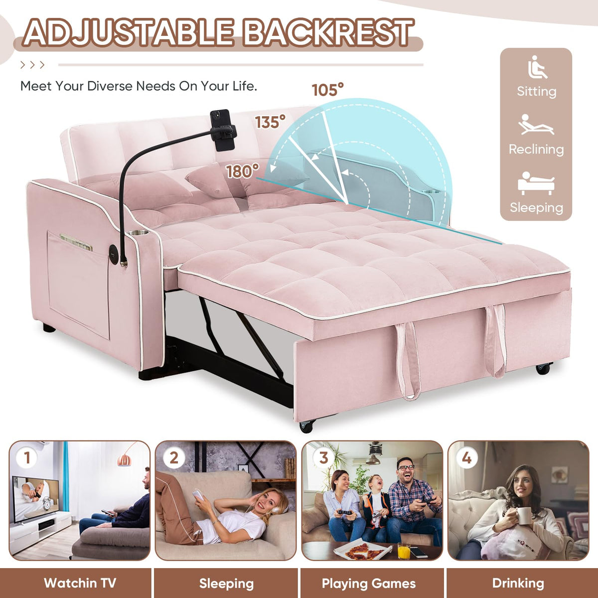 Pink Velvet Convertible Sleeper Sofa Bed X2817