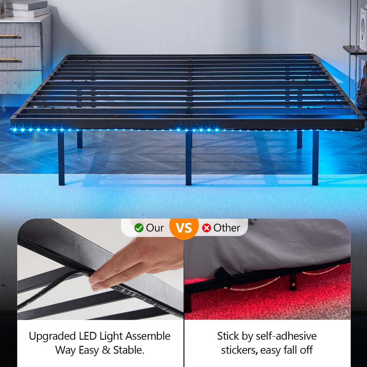 14 Inch Full Floating Bed Frame with USB Charging Station and LED Lights D234