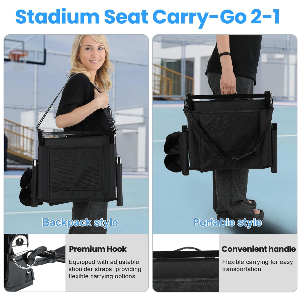 2 Pcs Folding Stadium Seat with Back Support and Cup Holder Black K6719