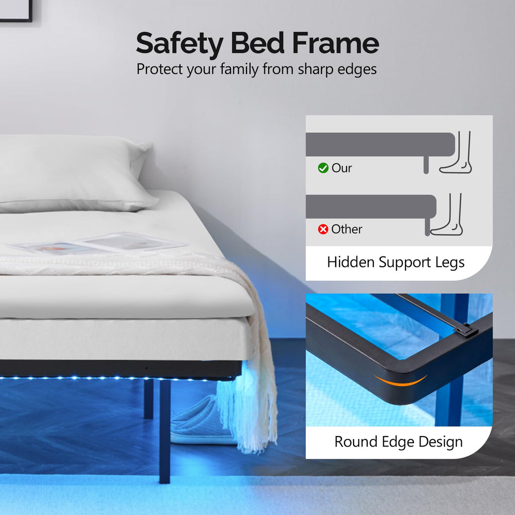 14 Inch Full Floating Bed Frame with USB Charging Station and LED Lights D234