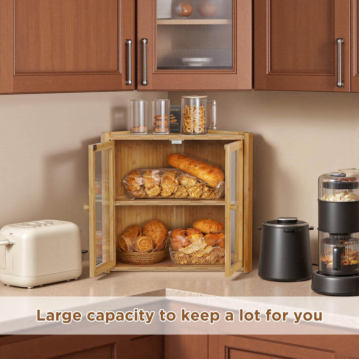 Double Layer Bamboo Bread Box with 2 Doors C38392