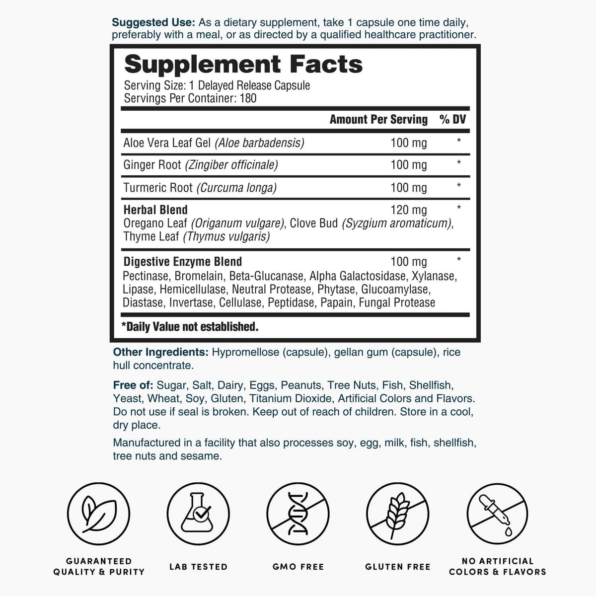 180 Capsules Digestive Enzymes with Aloe Turmeric Ginger Oregano K170476