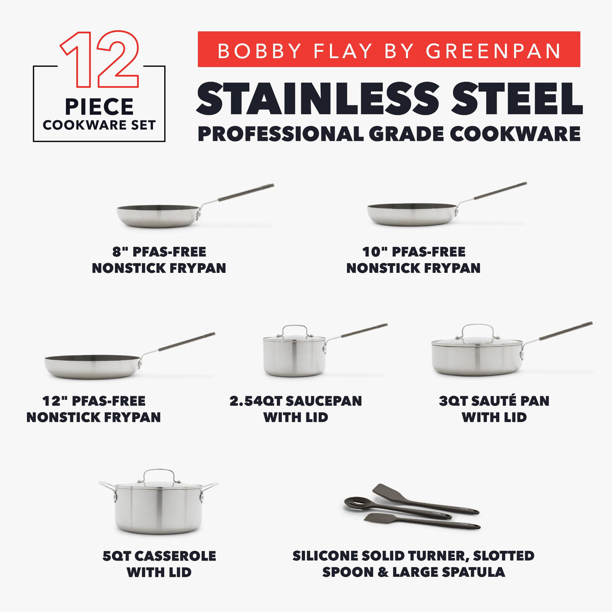 Stainless Steel 12 Piece Nonstick Cookware Set V2174