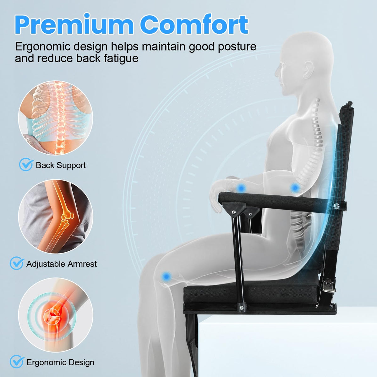2 Pcs Folding Stadium Seat with Back Support and Cup Holder Black K6719