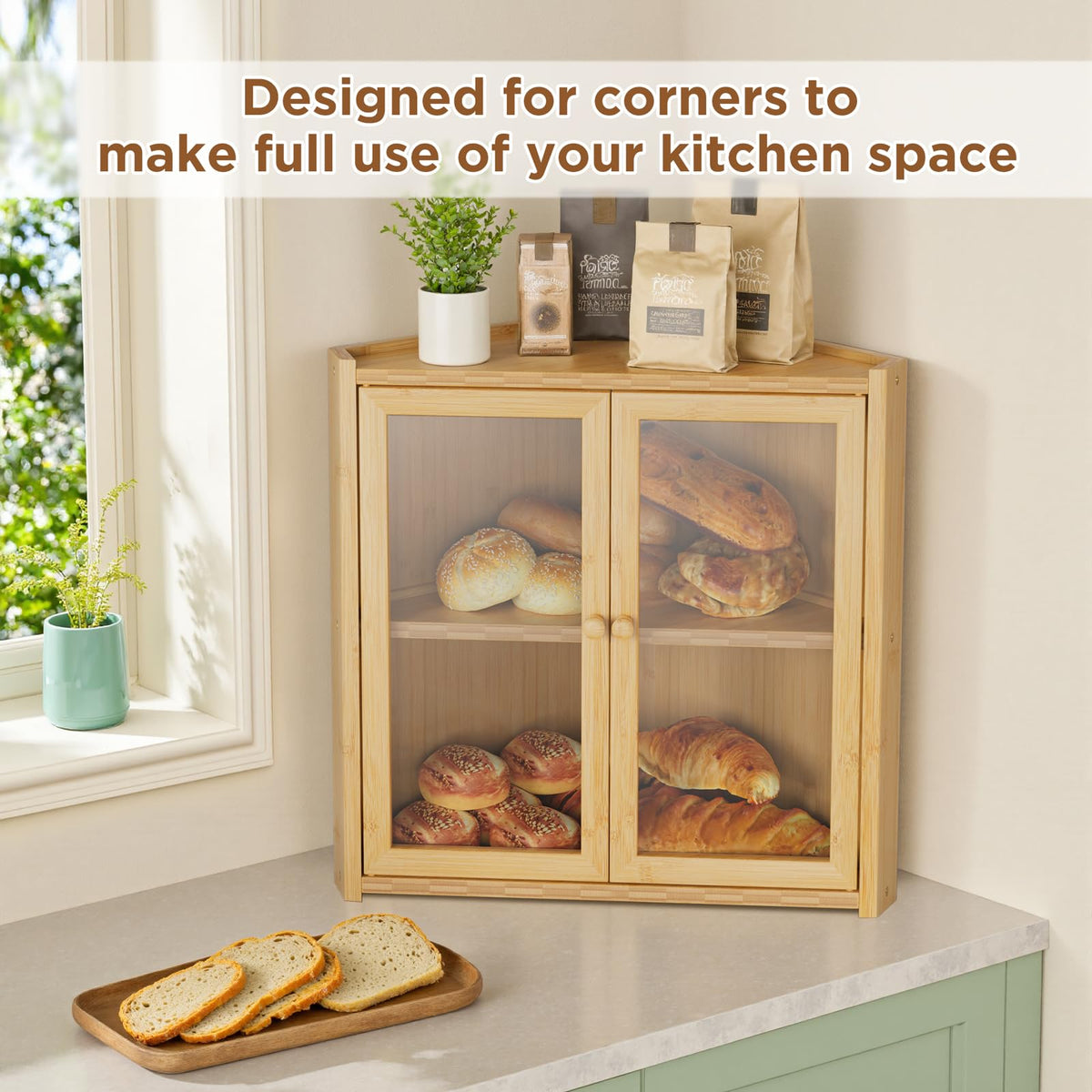 Double Layer Bamboo Bread Box with 2 Doors C38392