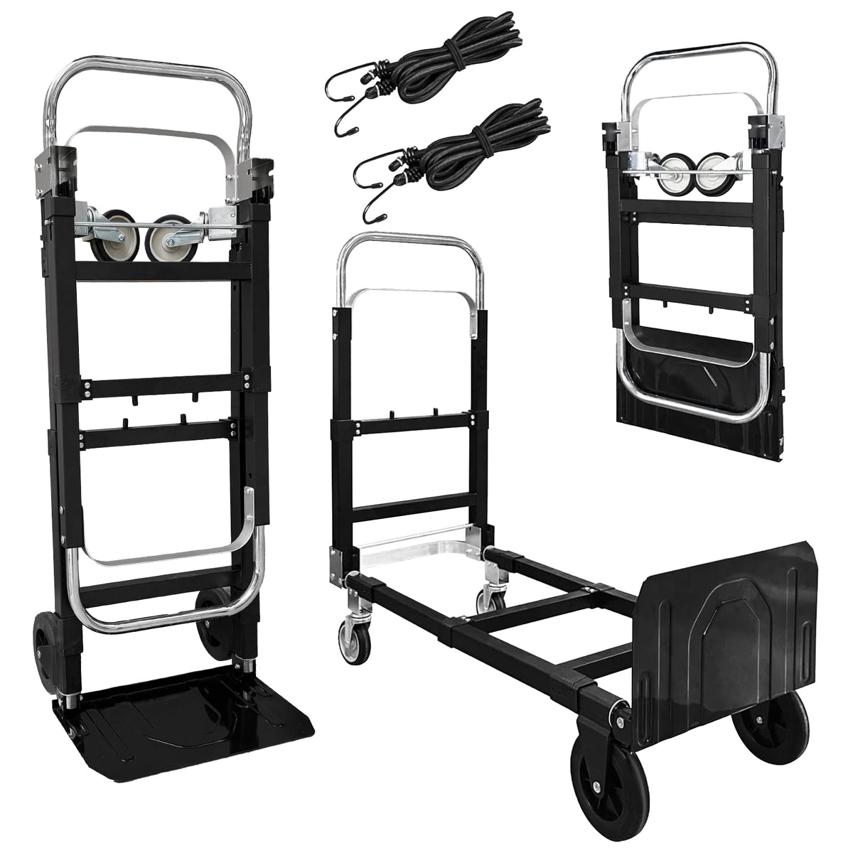 3 in 1 Folding Hand Truck, 600Lbs Capacity Collapsible Cart with Retractable Handle and 4 Rubber Wheels M5415
