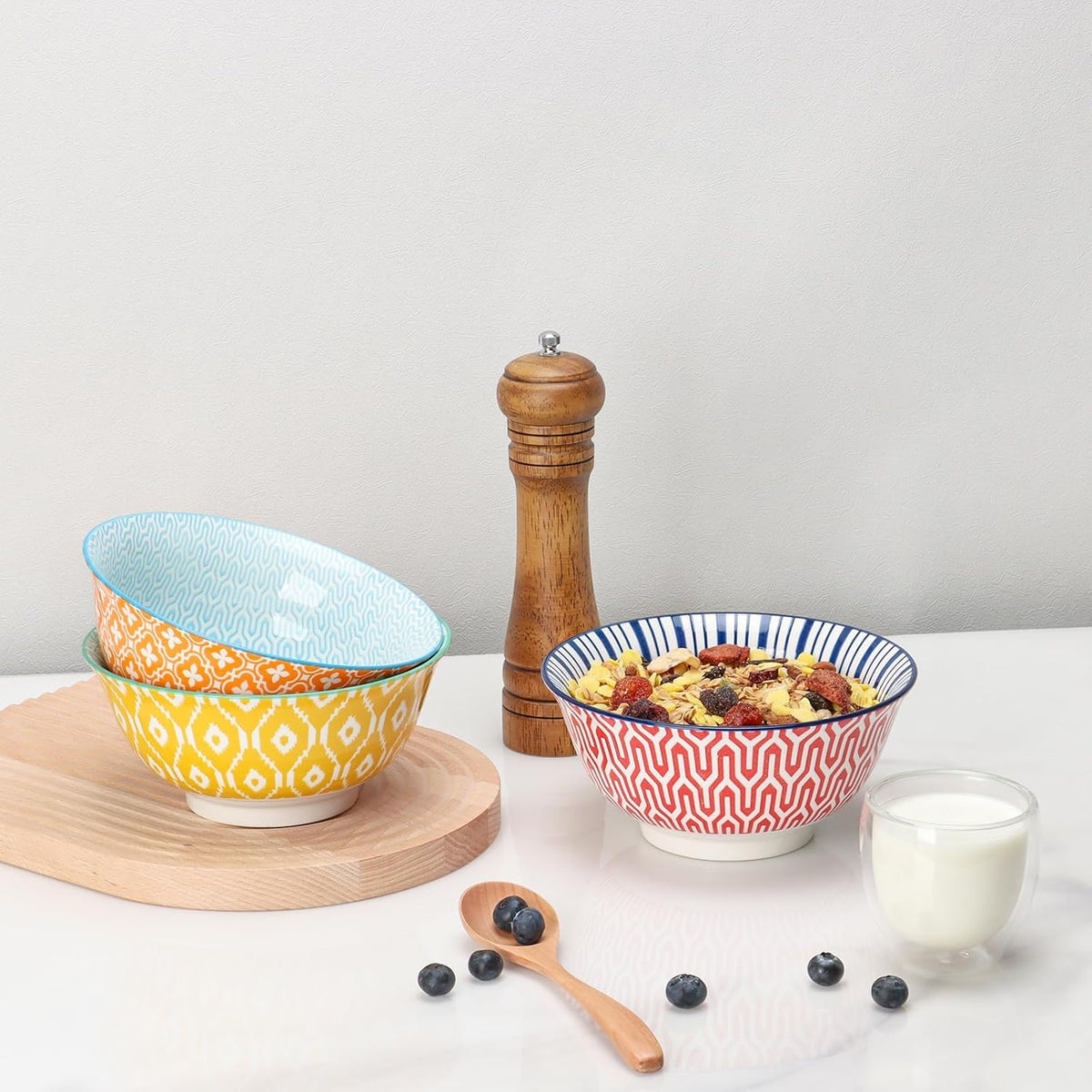 Ceramic Bowls Set 30 oz Assorted Colorful Set of 6 Microwave Dishwasher Safe A680