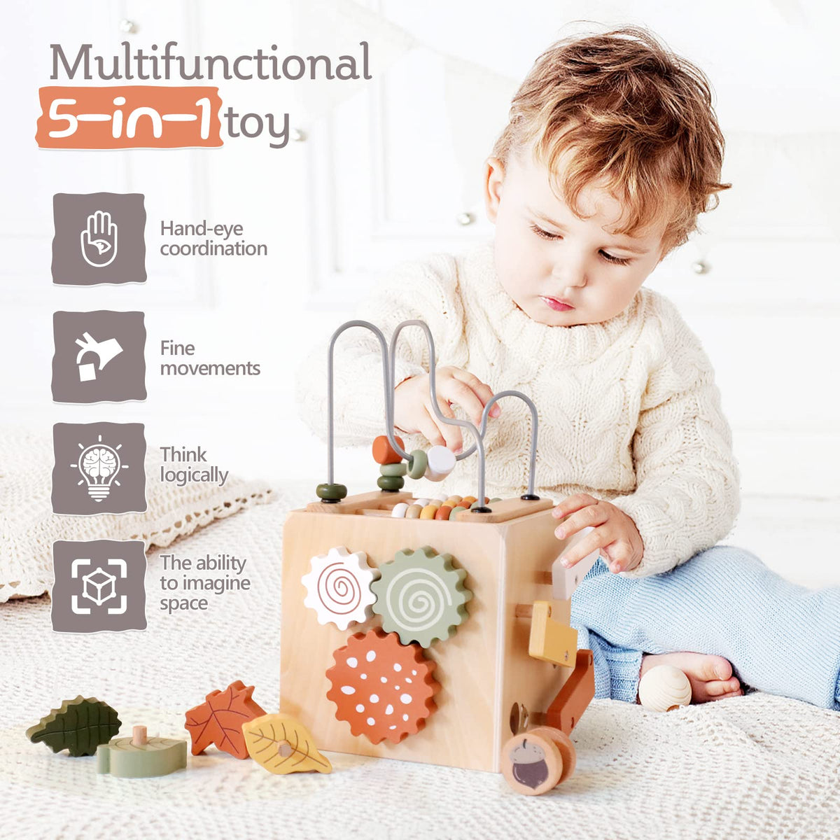 5 in 1 Wooden Activity Cube Bead Maze Shape Sorter X880591