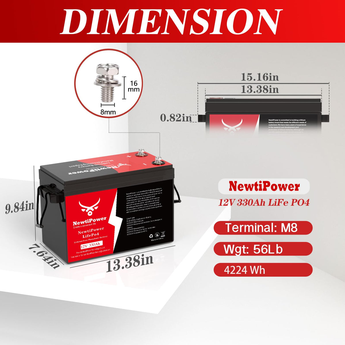 12V 330Ah LiFePO4 Battery with 200A BMS Y1784