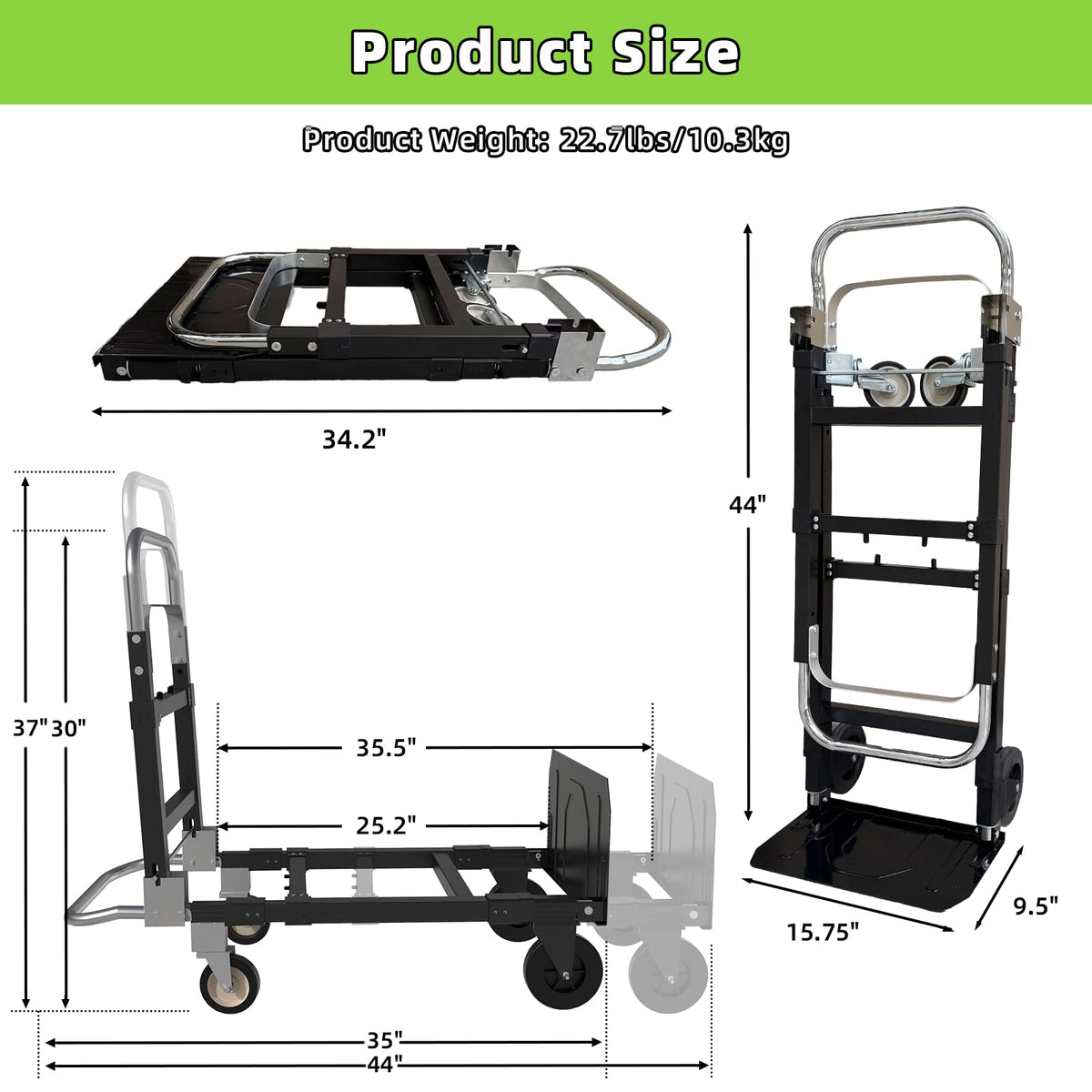 3 in 1 Folding Hand Truck, 600Lbs Capacity Collapsible Cart with Retractable Handle and 4 Rubber Wheels M5415