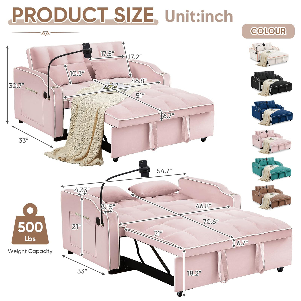 Pink Velvet Convertible Sleeper Sofa Bed X2817