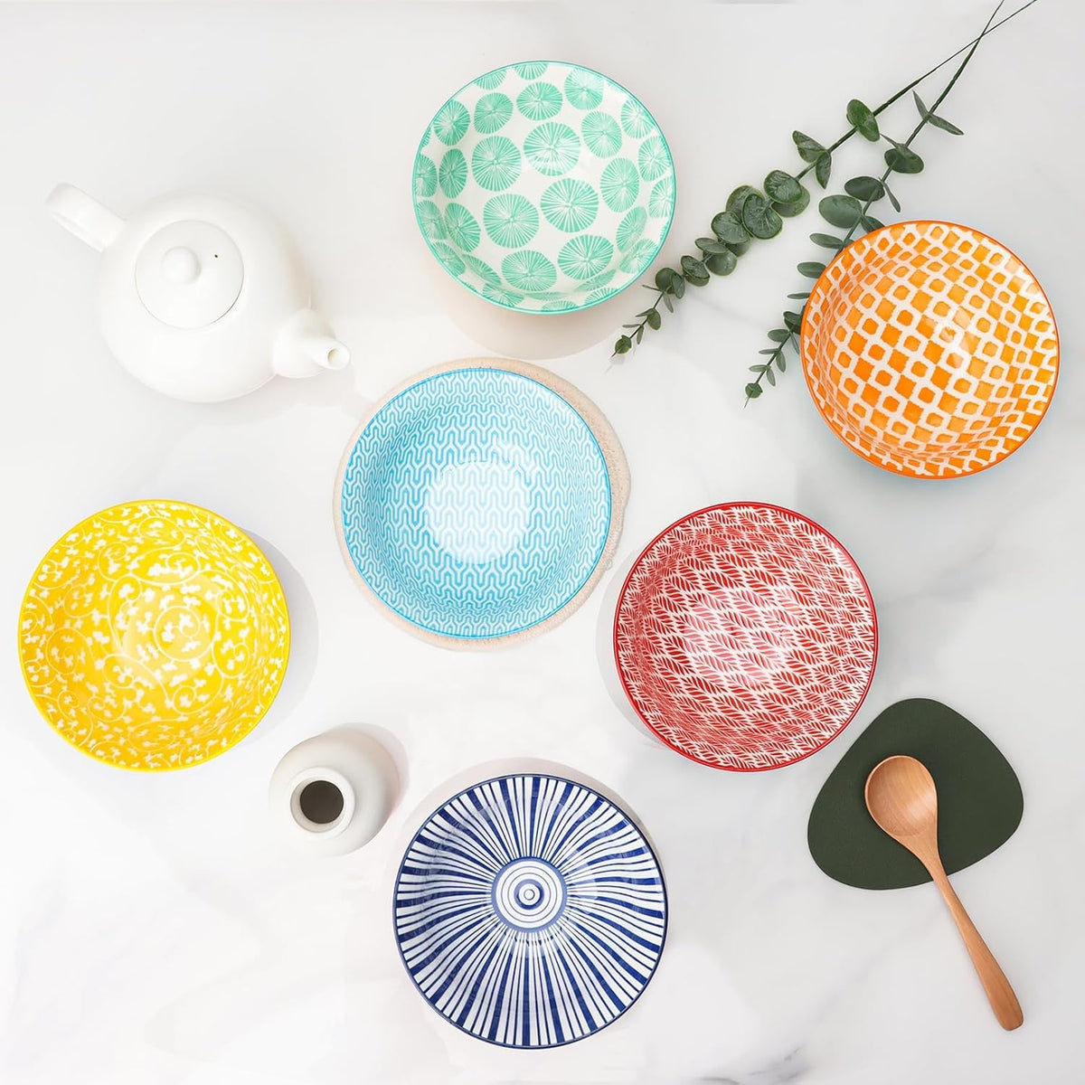 Ceramic Bowls Set 30 oz Assorted Colorful Set of 6 Microwave Dishwasher Safe A680