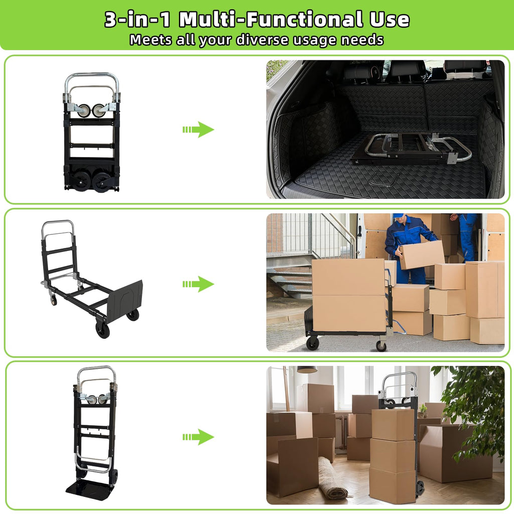 3 in 1 Folding Hand Truck, 600Lbs Capacity Collapsible Cart with Retractable Handle and 4 Rubber Wheels M5415