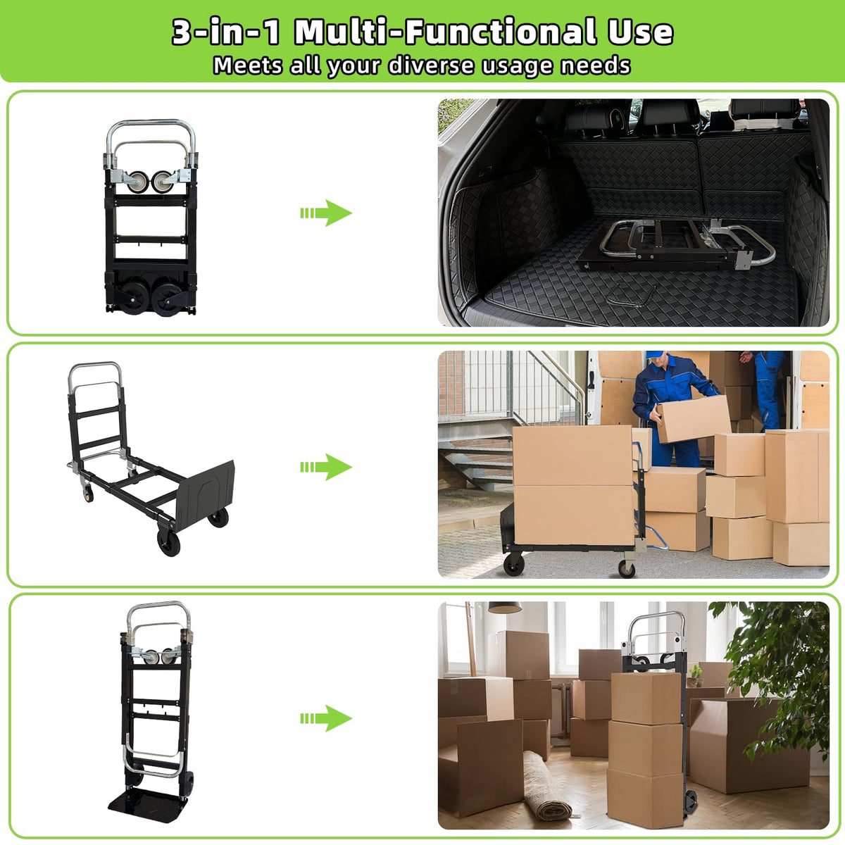 3 in 1 Folding Hand Truck, 600Lbs Capacity Collapsible Cart with Retractable Handle and 4 Rubber Wheels M5415