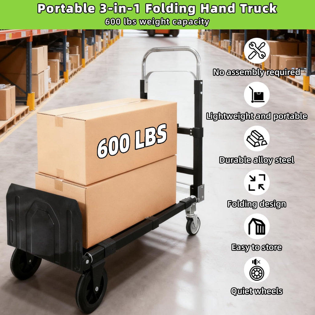 3 in 1 Folding Hand Truck, 600Lbs Capacity Collapsible Cart with Retractable Handle and 4 Rubber Wheels M5415