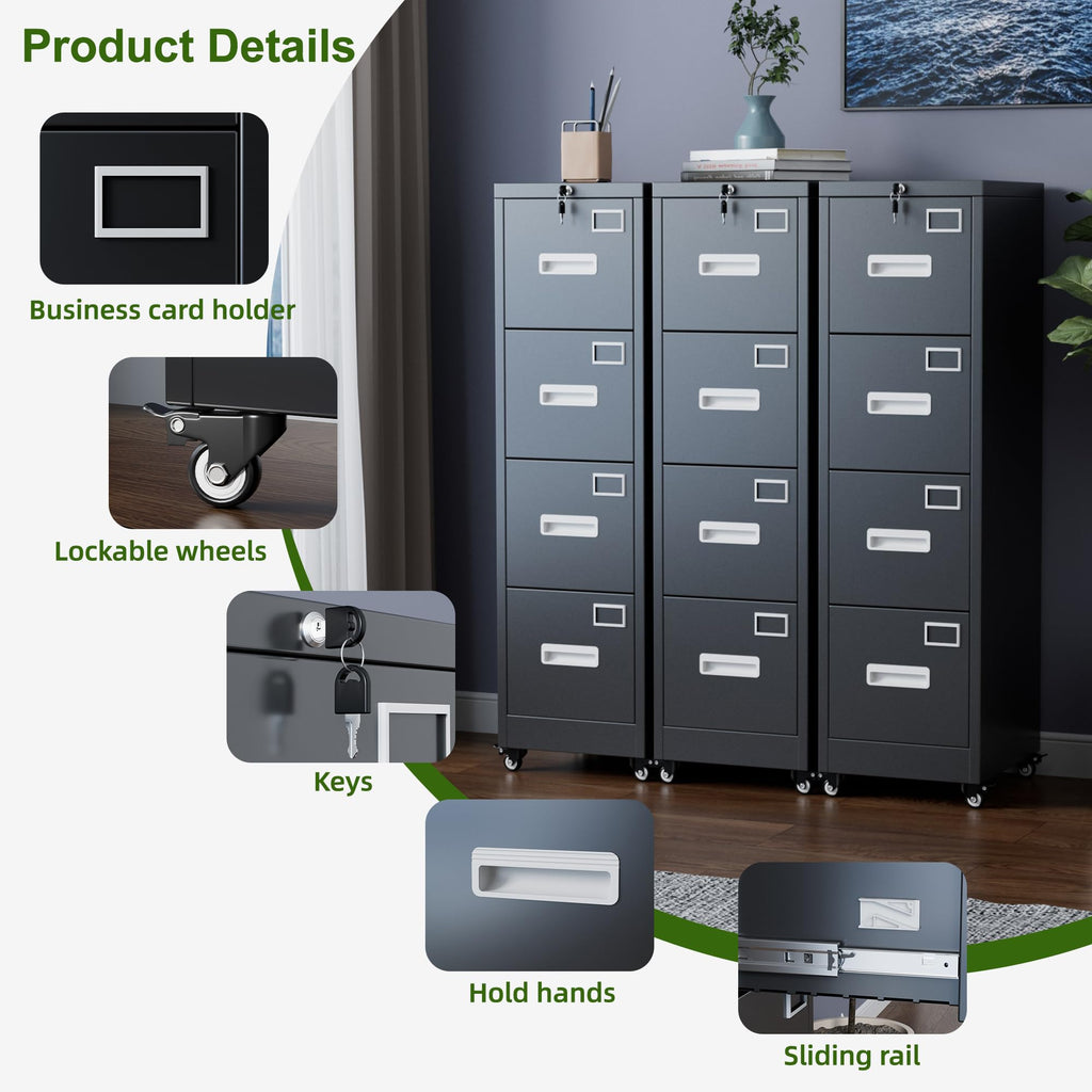 Metal 4 Drawer File Cabinet with Lock and Wheels, Black V965