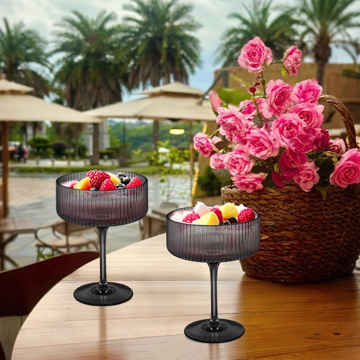 6 Pieces 10.5oz Black Ribbed Acrylic Cocktail Glasses P487797